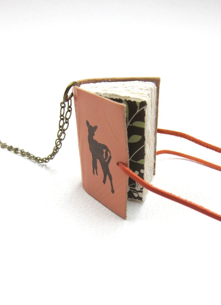 Blank  Peach  Leather Book Necklace/Jewelery/Mini Diary with Deer