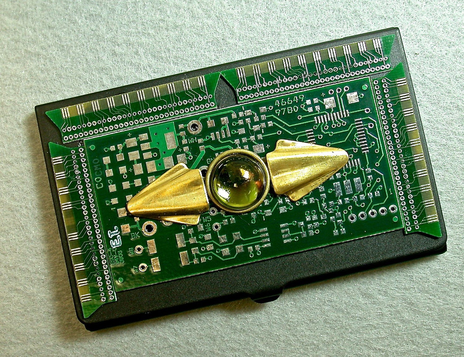 Recycled Green CIRCUIT BOARD Vintage Black Card Holder,Brass,Green Stone