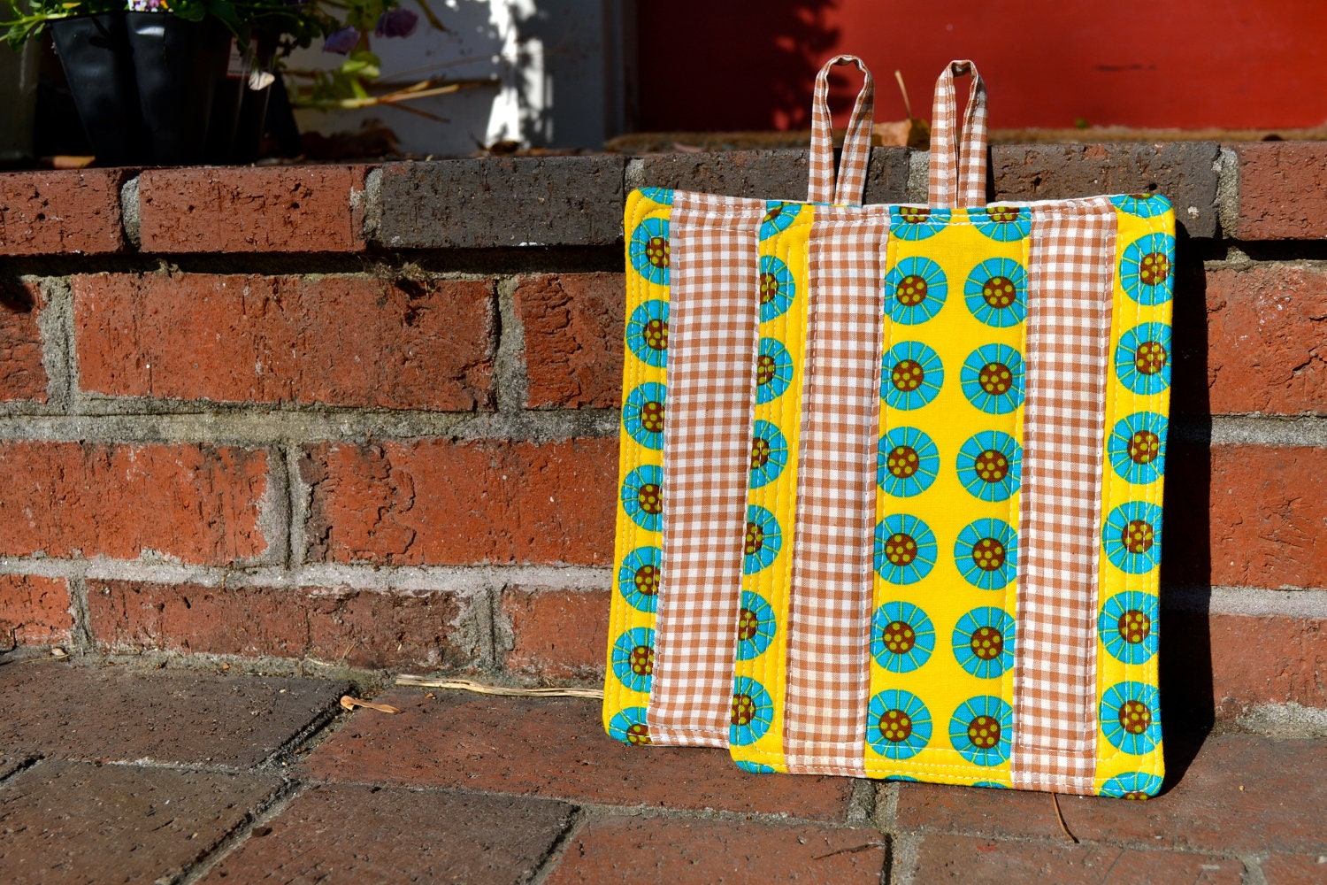 brown, yellow turquoise potholders, qulited potholders, fabric art potholders