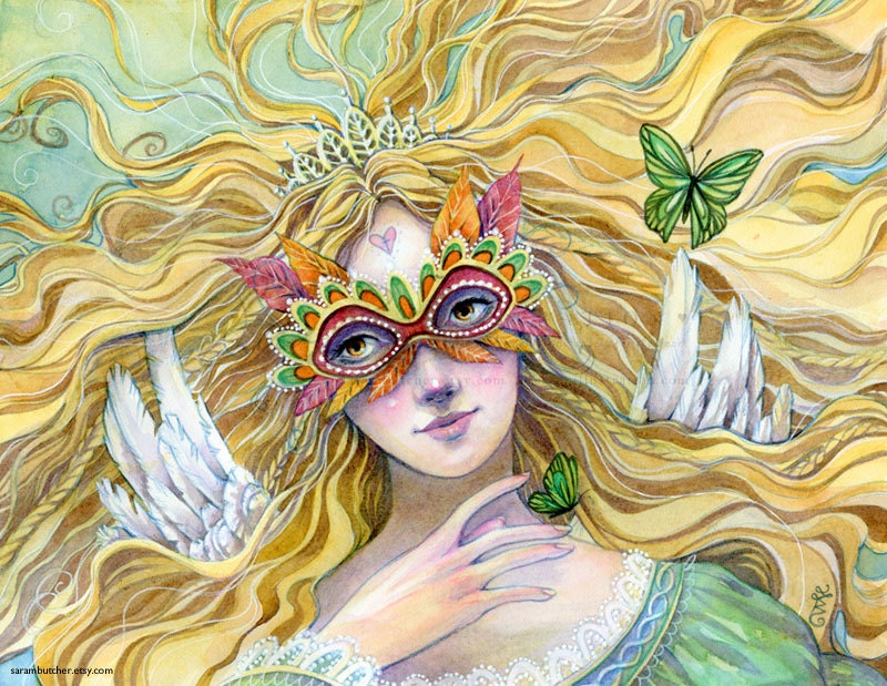Angel Princess Art Print Masked Princess with Emerald Butterfly