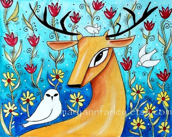 Deer Art Print, Animal Art, Whimsical Watercolor Storybook Flowers Garden Bird, Folk, 5 x 6.5, Original Mixed Media, Turquoise Blue Orange
