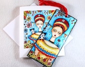 Blank Note Card and Bookmark Combo, Frida Kahlo and Cat Art Notecard, Frida Bookmark, Greeting Card, All Occasion, Girl Art Print Red Blue