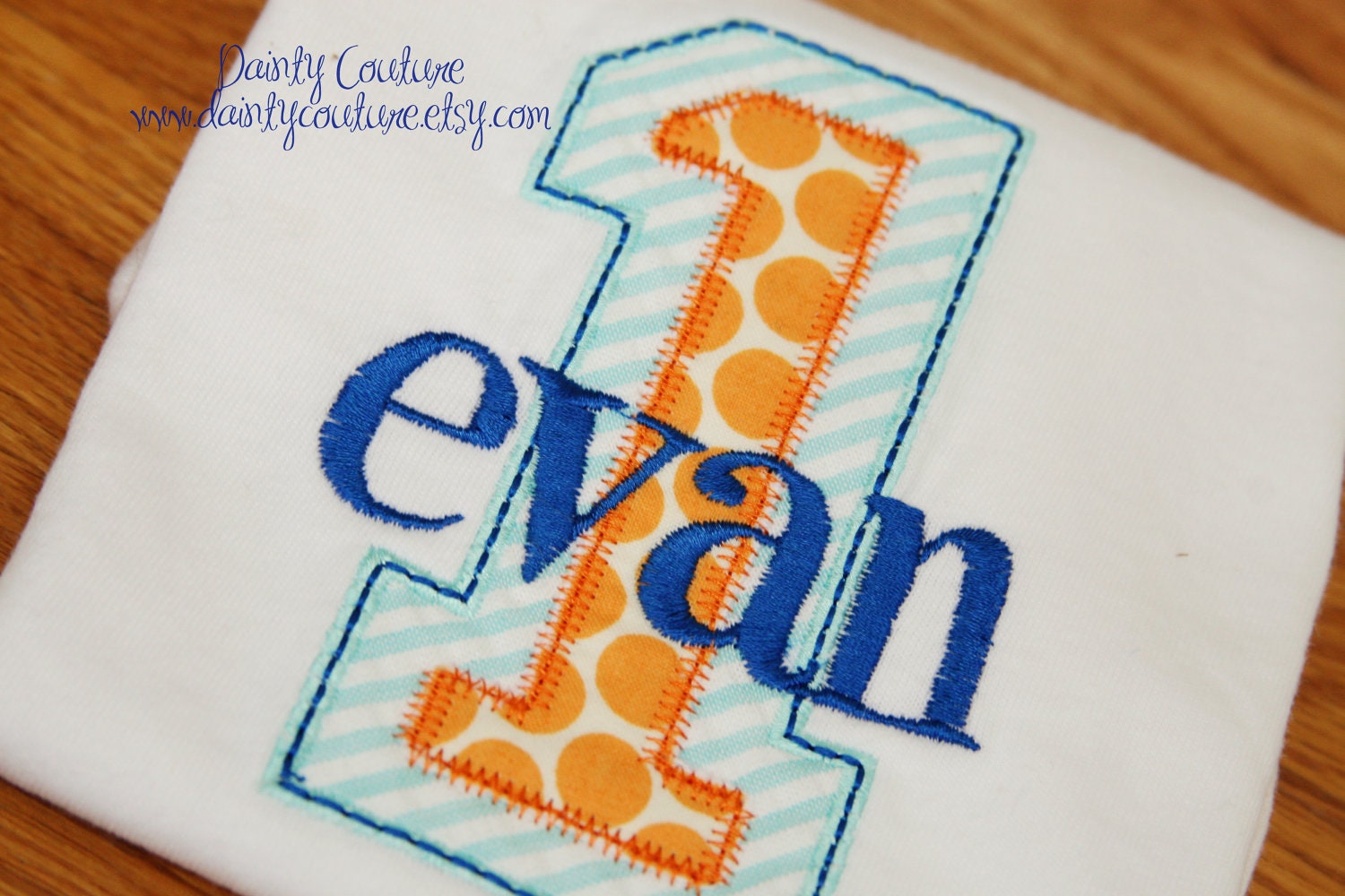 Boys First Birthday Party Shirt - Aqua and white stripes with orange dots and royal blue accents - Free personalization