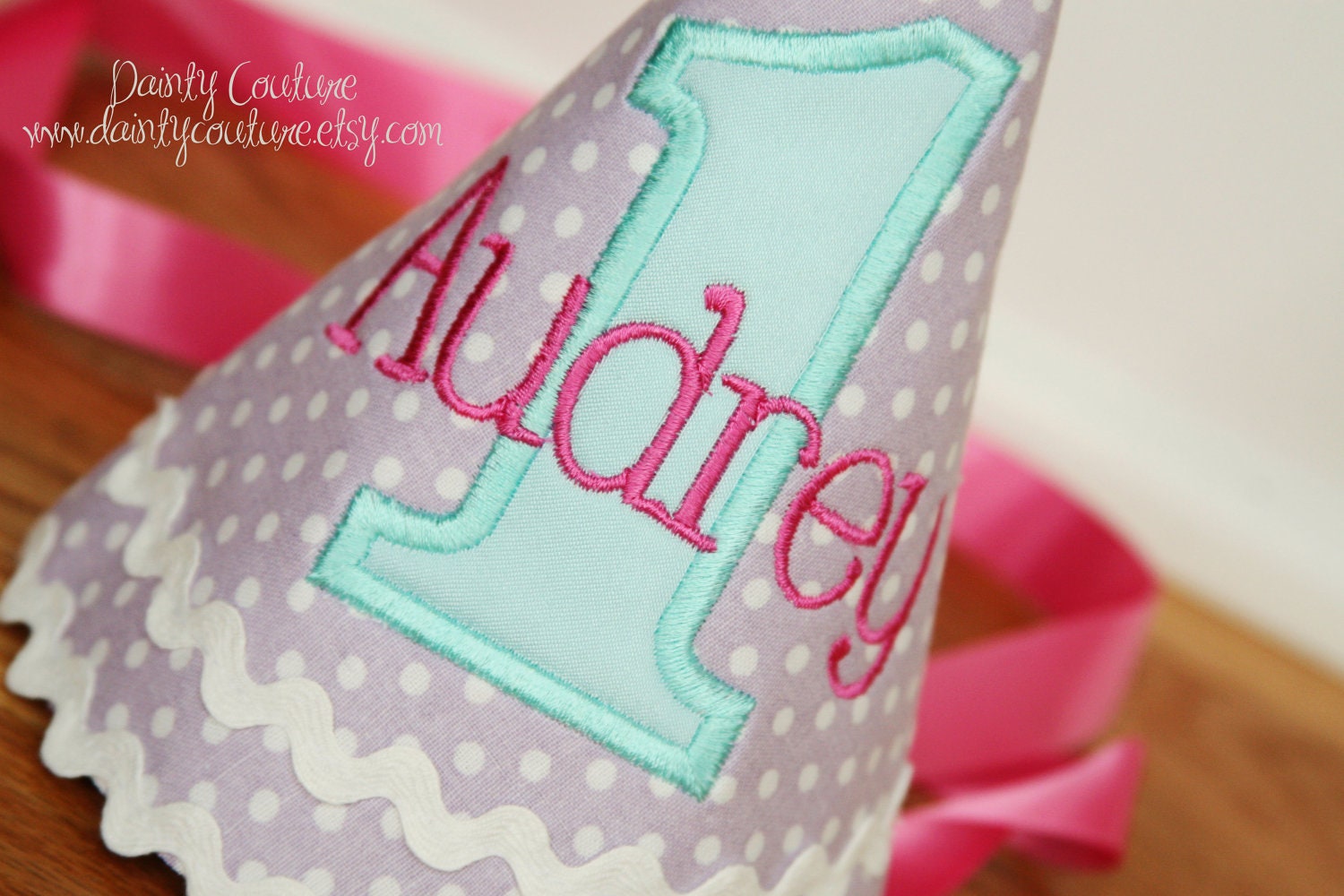 Girl Birthday Hat - Purple dots, aqua, and pink - Free personalization