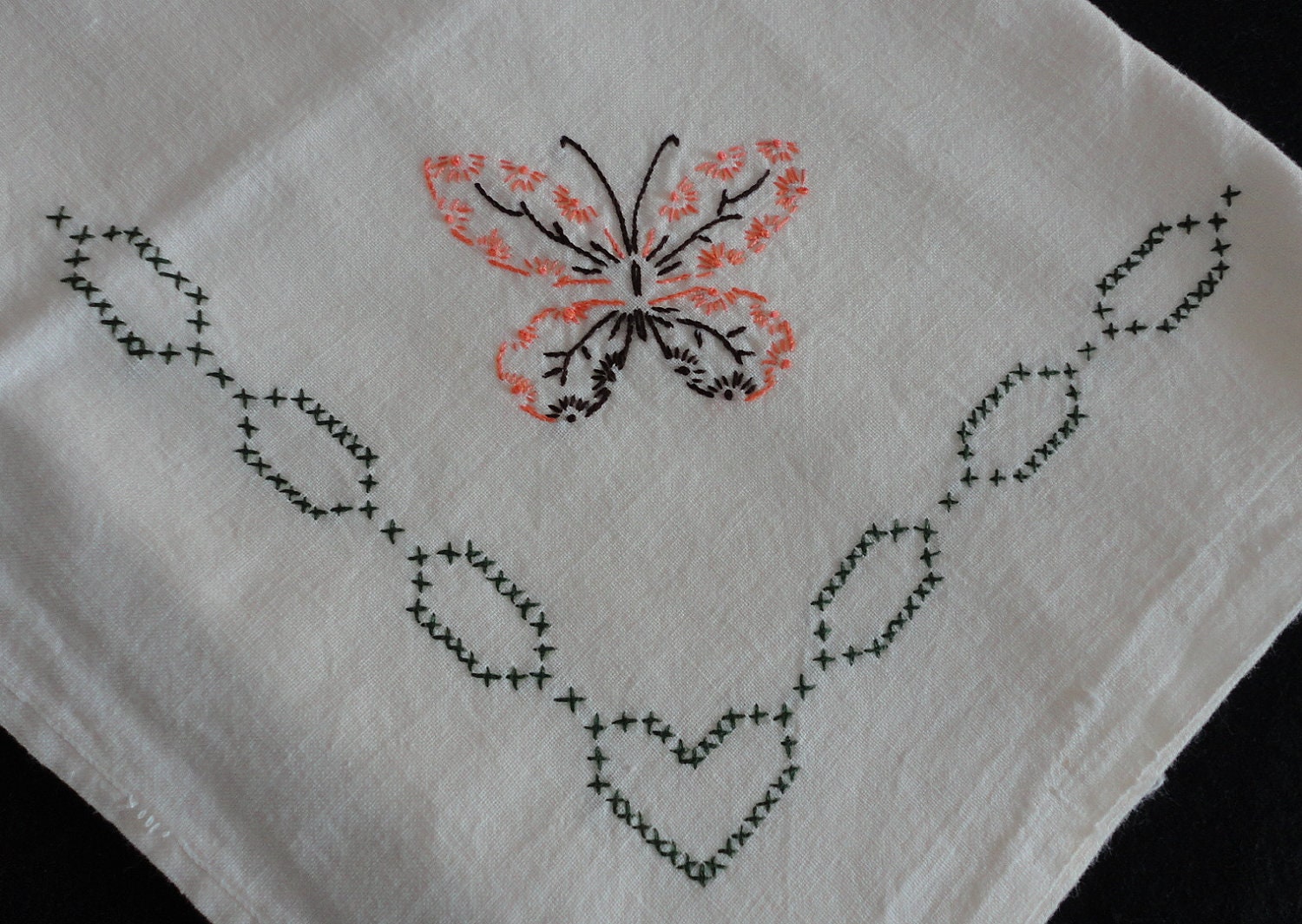 Vintage Hand Embroidered Butterfly Cross-Stitched Heart Border Flour Sack Dishtowel Tea Towel 33 x 37 Dish Cloth China Hand Kitchen Decor