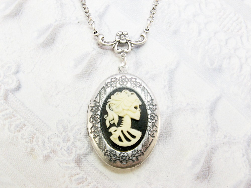 Silver Locket Necklace - Silver Lovely Bones Skull CAMEO LOCKET - Jewelry by BirdzNbeez - Wedding Birthday Bridesmaids Gift