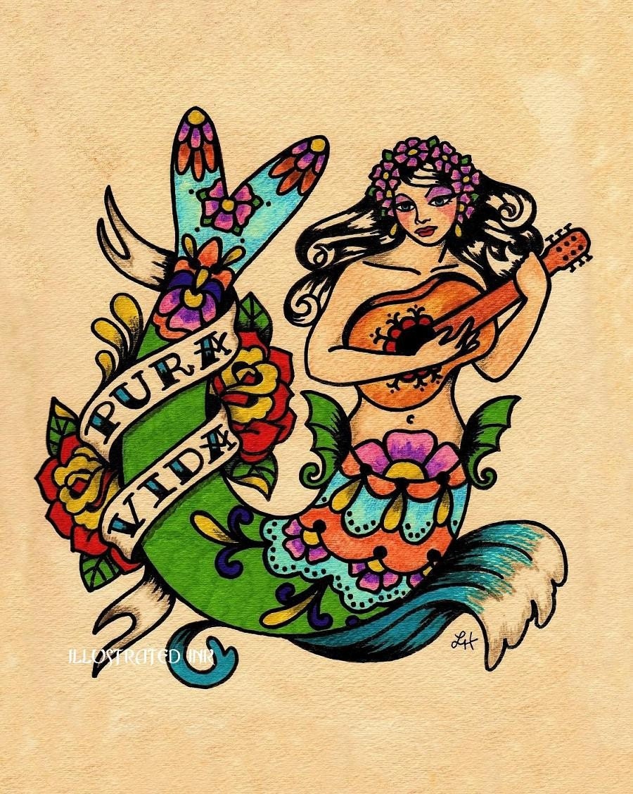 Old school Tattoo Mermaid Folk Art Print PURA VIDA 11 x 14