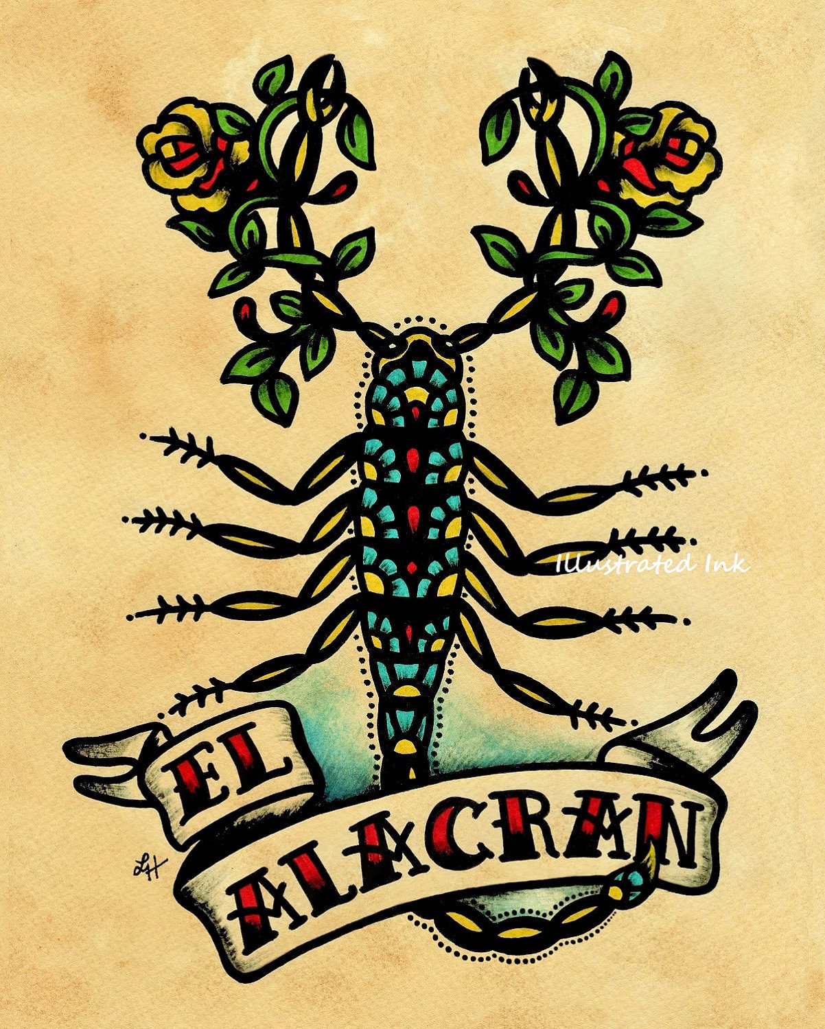 Old School Tattoo Art Scorpion EL ALACRAN Loteria Print 5 x 7