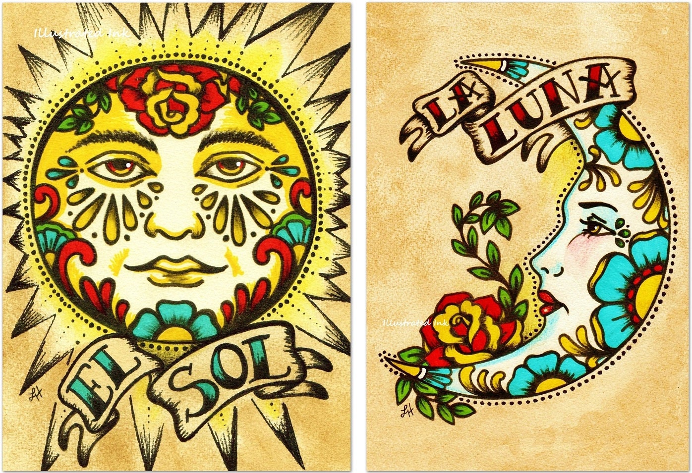 Old School Tattoo Art Print Loteria El SOL & LA LUNA 5 x 7 Set