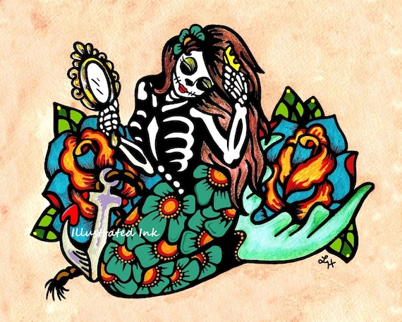 Day of the Dead MERMAID Dia de los Muertos Art Print 8 x 10