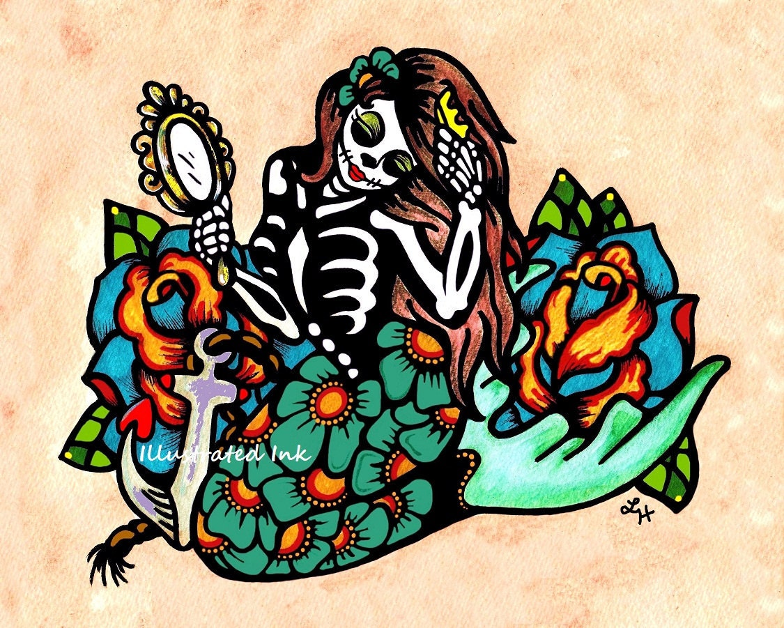 Day of the Dead MERMAID Dia de los Muertos Art Print 8 x 10