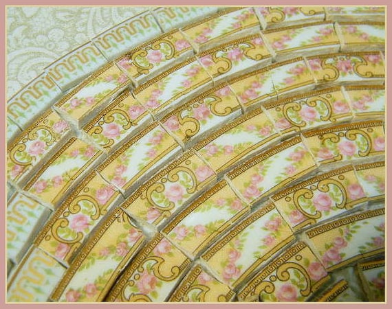 Mosaic Tiles - RaRE OLD PiNK RoSeS and GoLD - Broken China Plate Tiles