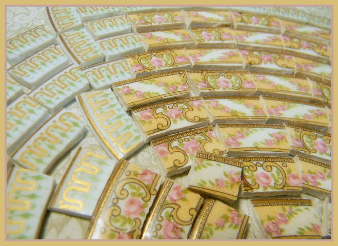Mosaic Tiles - RaRE OLD PiNK RoSeS and GoLD - Broken China Plate Tiles