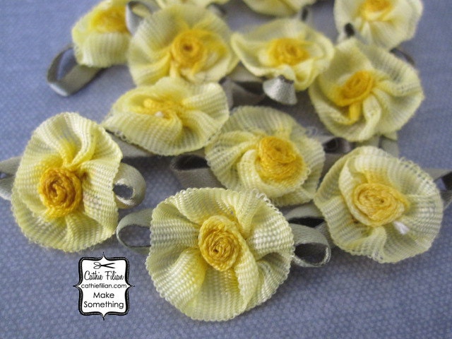 Yellow Ombre Ribbon Flowers - 12 pcs. Scrapbooking Embellishment - Baby Shower Favors