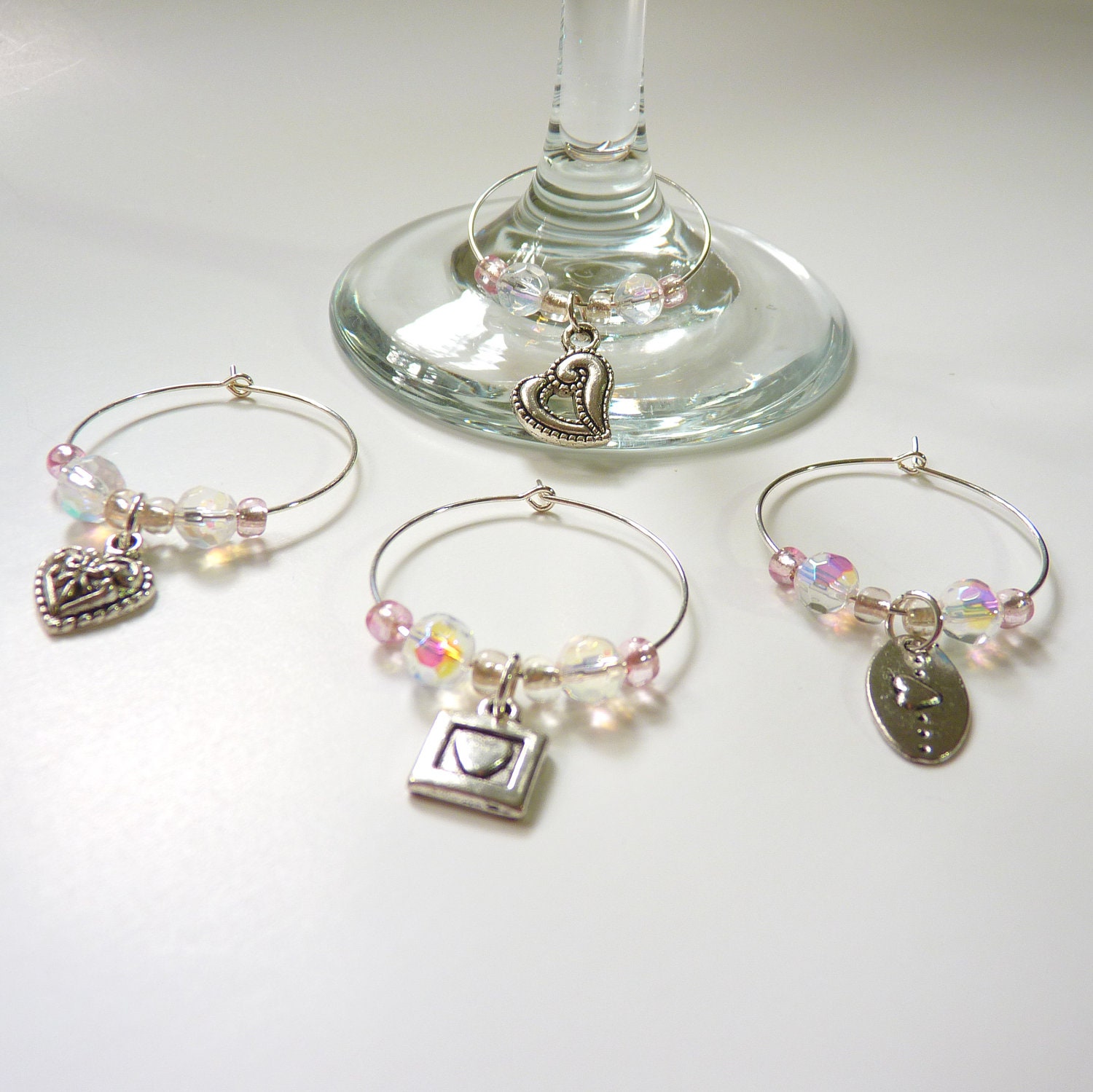 Wine Glass Markers Silver Hearts and Clear Pink Iridized Beads