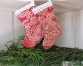 Stocking Ornament  Gift Card Holder   Mini Stocking   Red Toile   French Toile   Victorian Lace