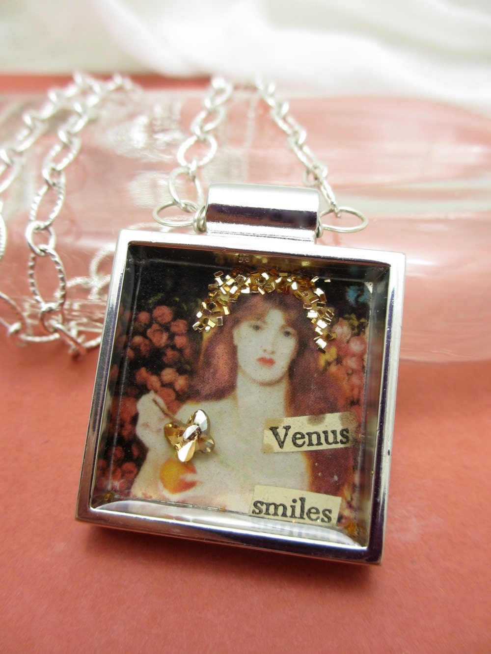 Venus Verticordia. One of a kind collage necklace under resin featuring fine art by Dante Gabriel Rossetti