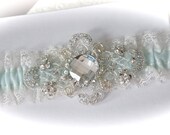 Forever Love Wedding Garter in Soft Chiffon with Pale Tiffany Shadow Ribbon and Exquisite Beaded Platinum Embroidered  Centering Trim