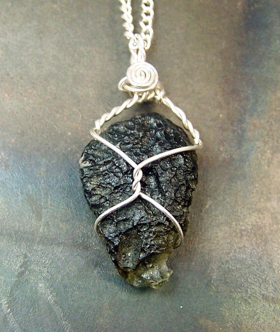 Moldavite necklace pendant - Sterling Silver wire wrap - argentium - single stone - crystal gem mineral wire wrapped - mandalarain