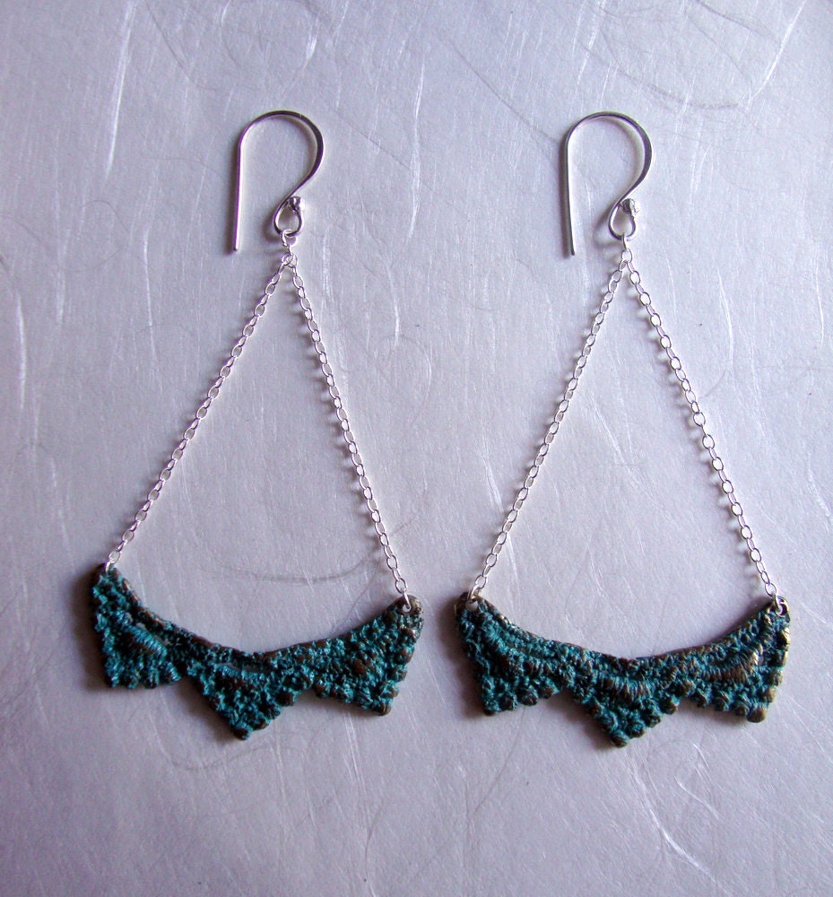 Lace Pyramid chandelier Earrings in Blue Bronze and sterling silver