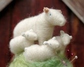 Made to Order - Mama Sheep and her Three Lambs in a Meadow - Needle Felted Pincushion