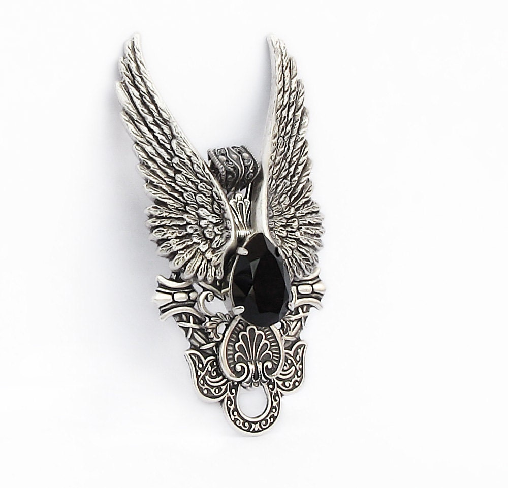 Black Crystal Wings Necklace Pendant Womens Mens Gothic Jewelry