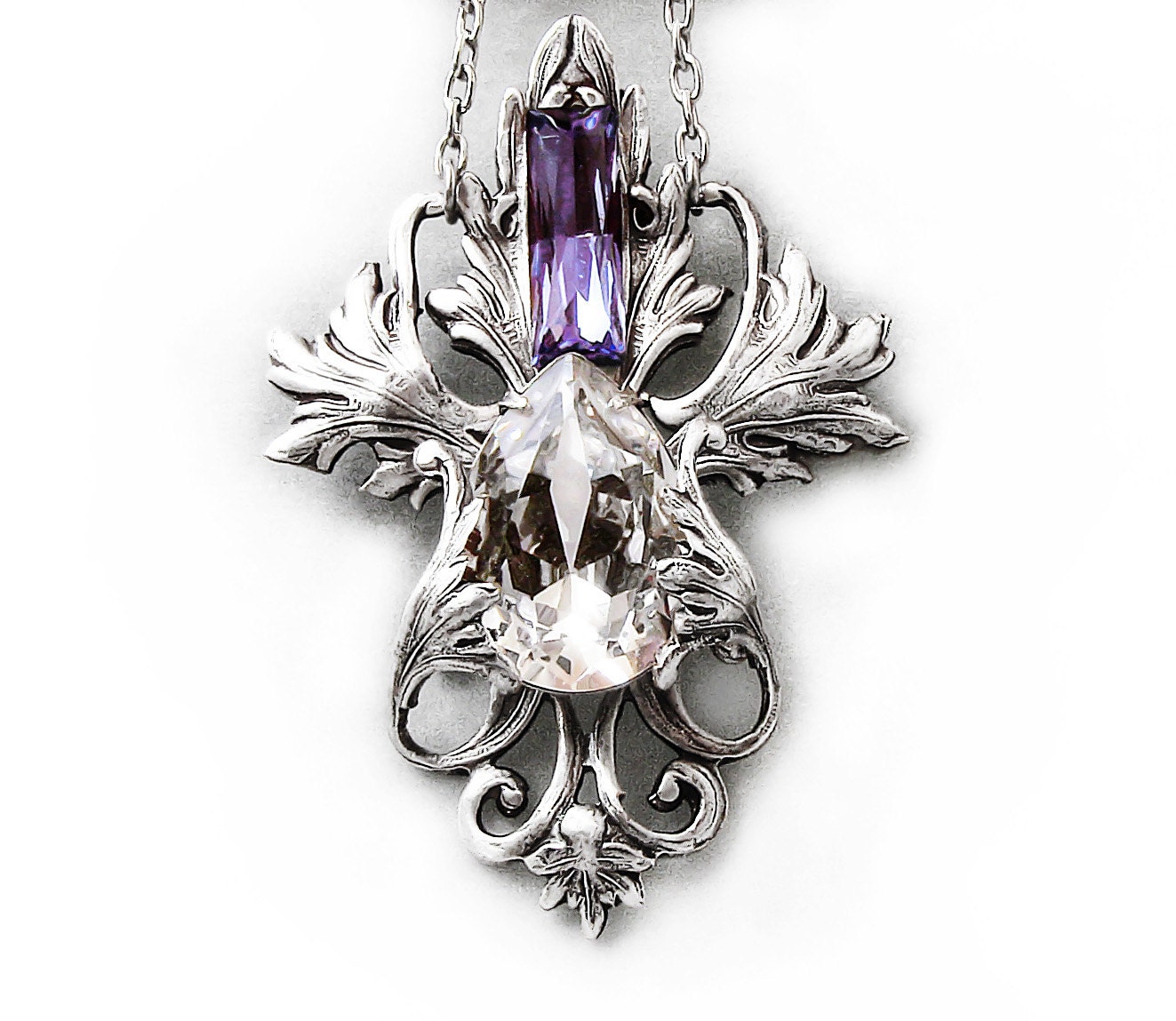 Victorian Crystal Necklace Silver Tanzanite Purple and Clear Gothic Jewelry