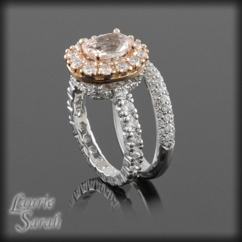 Morganite Colored Pink Sapphire and Diamond Engagement Ring with Micropave Diamond Wedding Band - LS2387