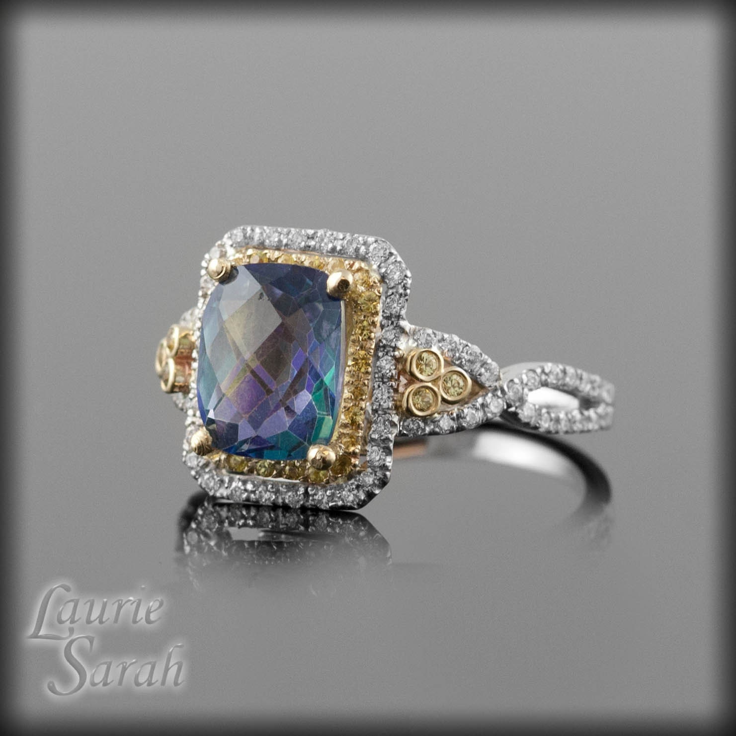 Mystic Blue Topaz, Yellow Sapphire, and Diamond Two Tone Ring - LS643