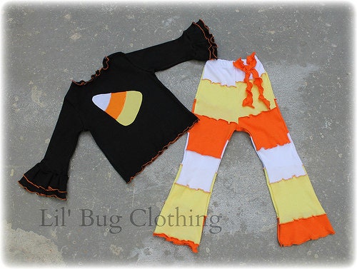 Halloween Candy Corn  Tee Top Custom Boutique Clothing White Yellow Orange Lettuce Edge Comfy Knit Top and Leggings