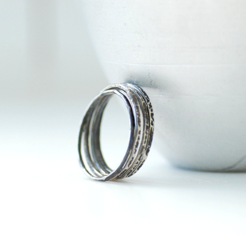 Silver Stacking Rings, Skinny Rings, Hammered Rings, Rustic Rings, Everday Jewelry, Metalwork Rings, Set of 4, Size 8.5, Ready to Ship