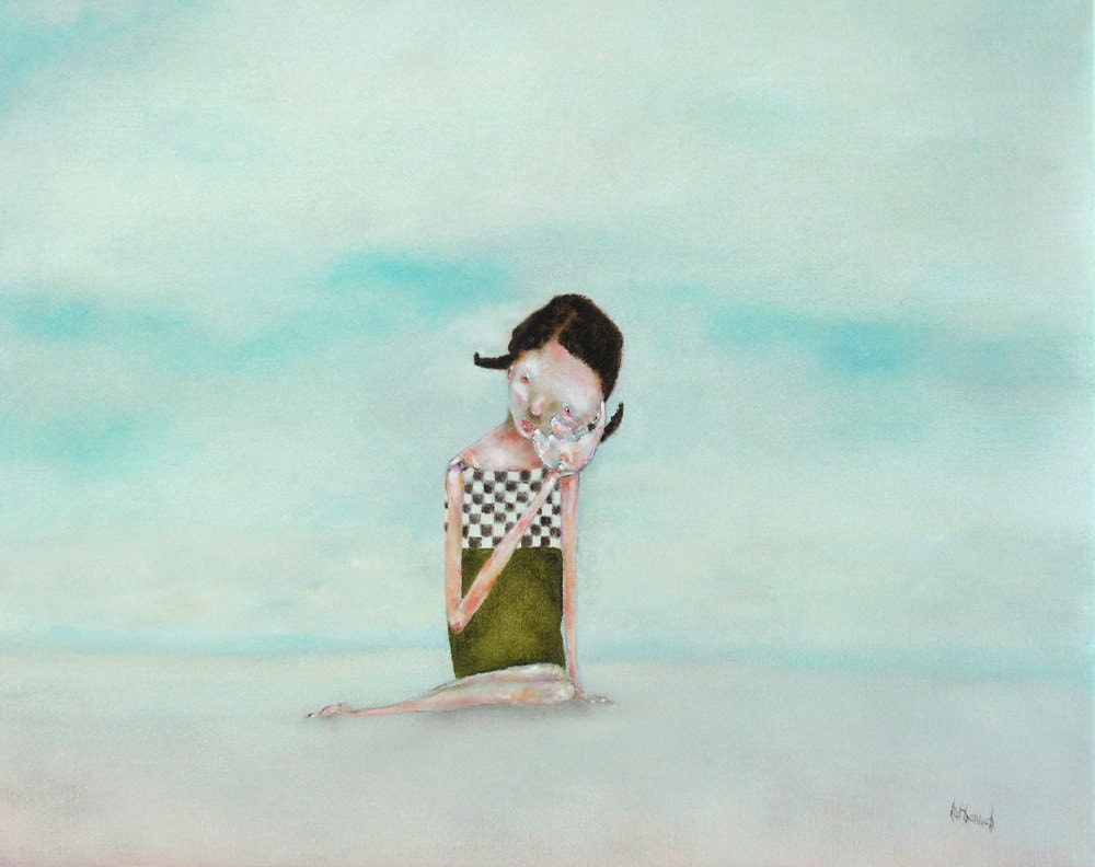 Kids wall art. 13 x 19 giclee print. girl portrait art. summer art.  "Seafaring Tales". turquoise aqua