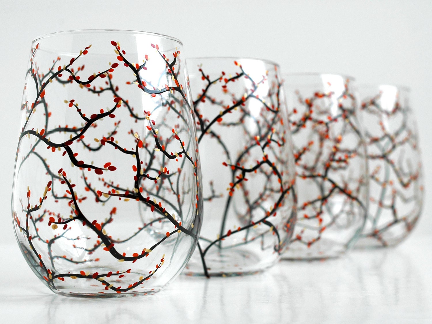 Autumn Tree Wine Glasses - Set of 4 Hand Painted Stemless Wine Glasses