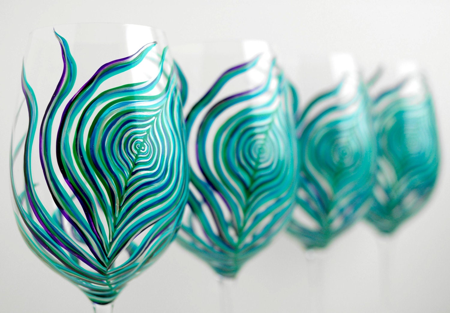 Peacock Feather Wine Glasses - Set of 2 Hand Painted Peacock Glasses in Sapphire, Emerald, Aqua, Plum and Gold