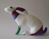 Baby Hare Fire        Soft Sculpture plush baby hare bunny ornament in white red green and blue