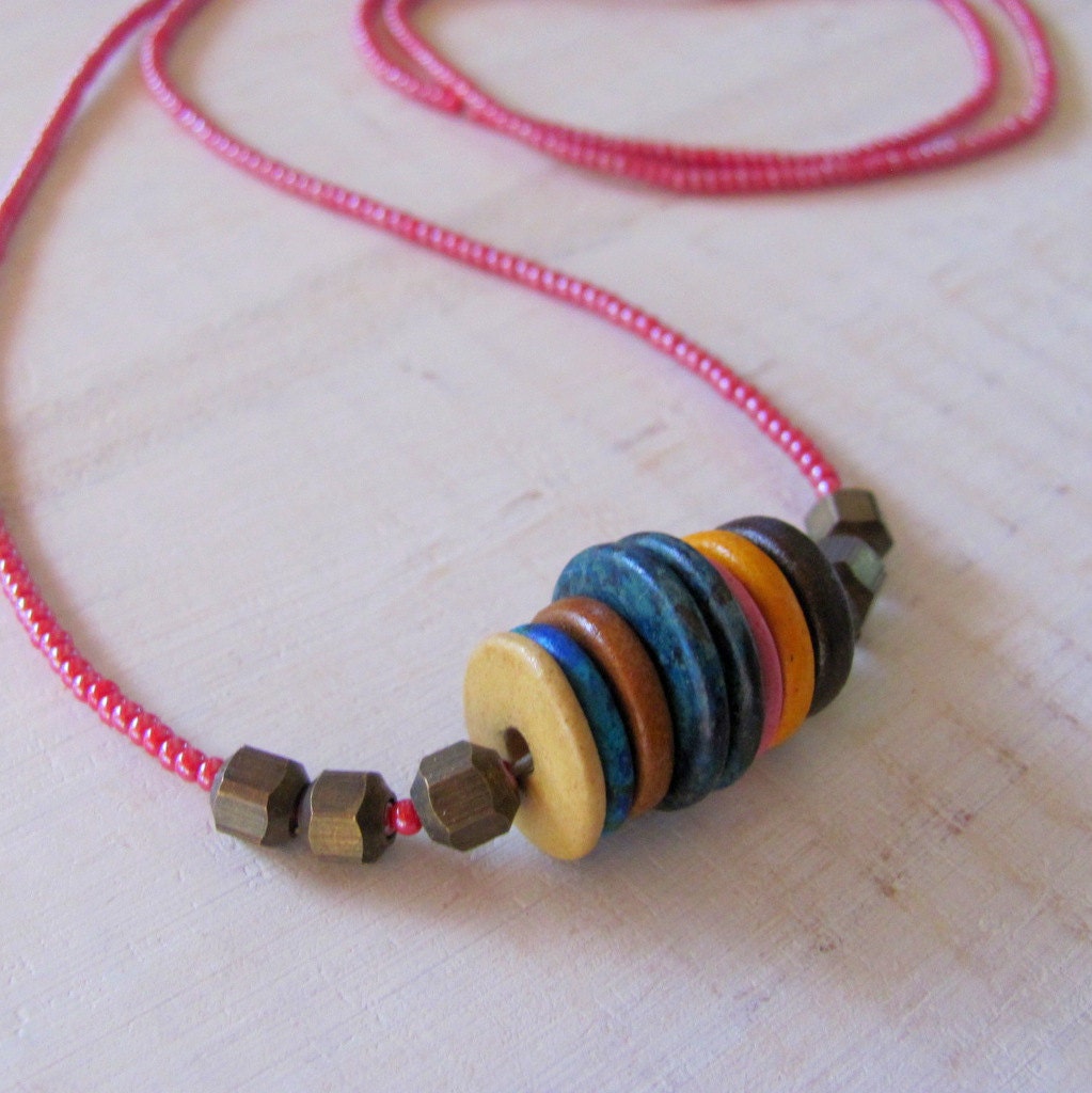Tribal Trail Necklace - Glass Seed Beads, Brass and Ceramic Beads