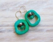 Organic Hoop Shape Earrings - Bone and Blue Glass Beads Sterling Silver