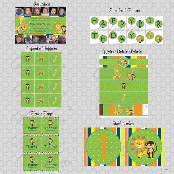 Safari First Birthday Collage - Printable Birthday Party - Printable DIY Includes 5x7 invite, favor tags, cupcake toppers, and more Il_570xn