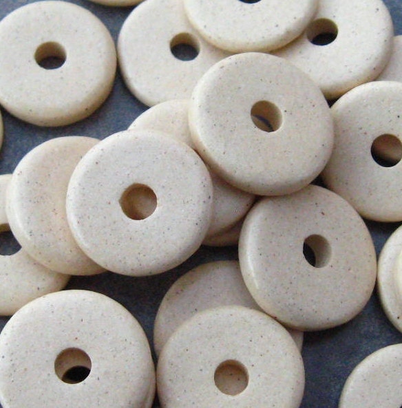 25 GREEK CERAMIC BEADS Bone - 13mm Round Beads - Disks