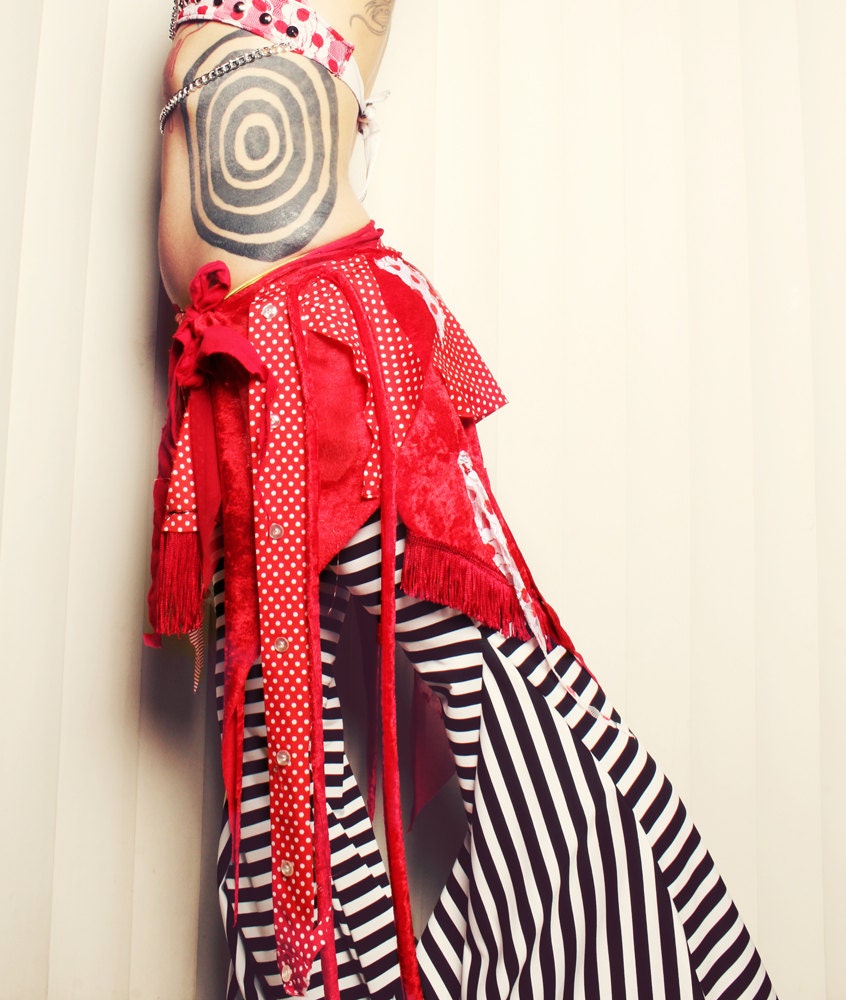 Goddess Tattered Wrap Skirt, Red White Patchwork hip belt, shawl, Tribal Belly Dance, Circus Performer