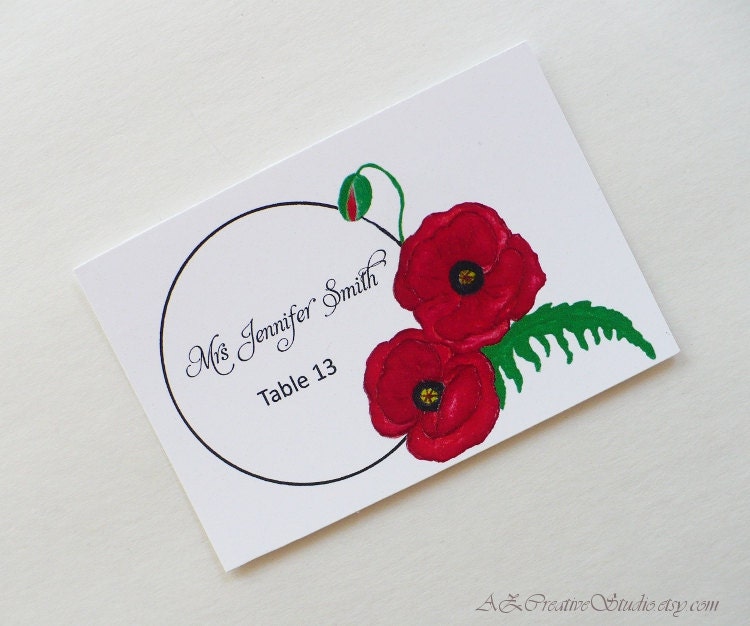 Red Poppy Flowers Place Cards Escort Cards for Weddings Receptions Signs Custom Party Table Decor Art Nouveau Deco