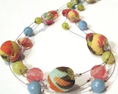 Fabric Stone Necklace Beaded  Jewelry blue, yellow and pink