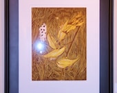 FRAMED Nature Art, Milkweed Pods, Meadow, Seeds and Fluff, Grassy Meadow, Woodcut