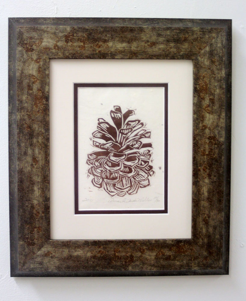 FRAMED Pine Cone, Woodblock, Brown and Cream, Nature Art