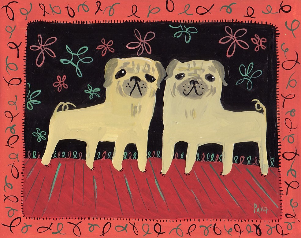 2 Pugs ACEO - Art Trading Card - Mini Print Folk Art Animal Dog Card