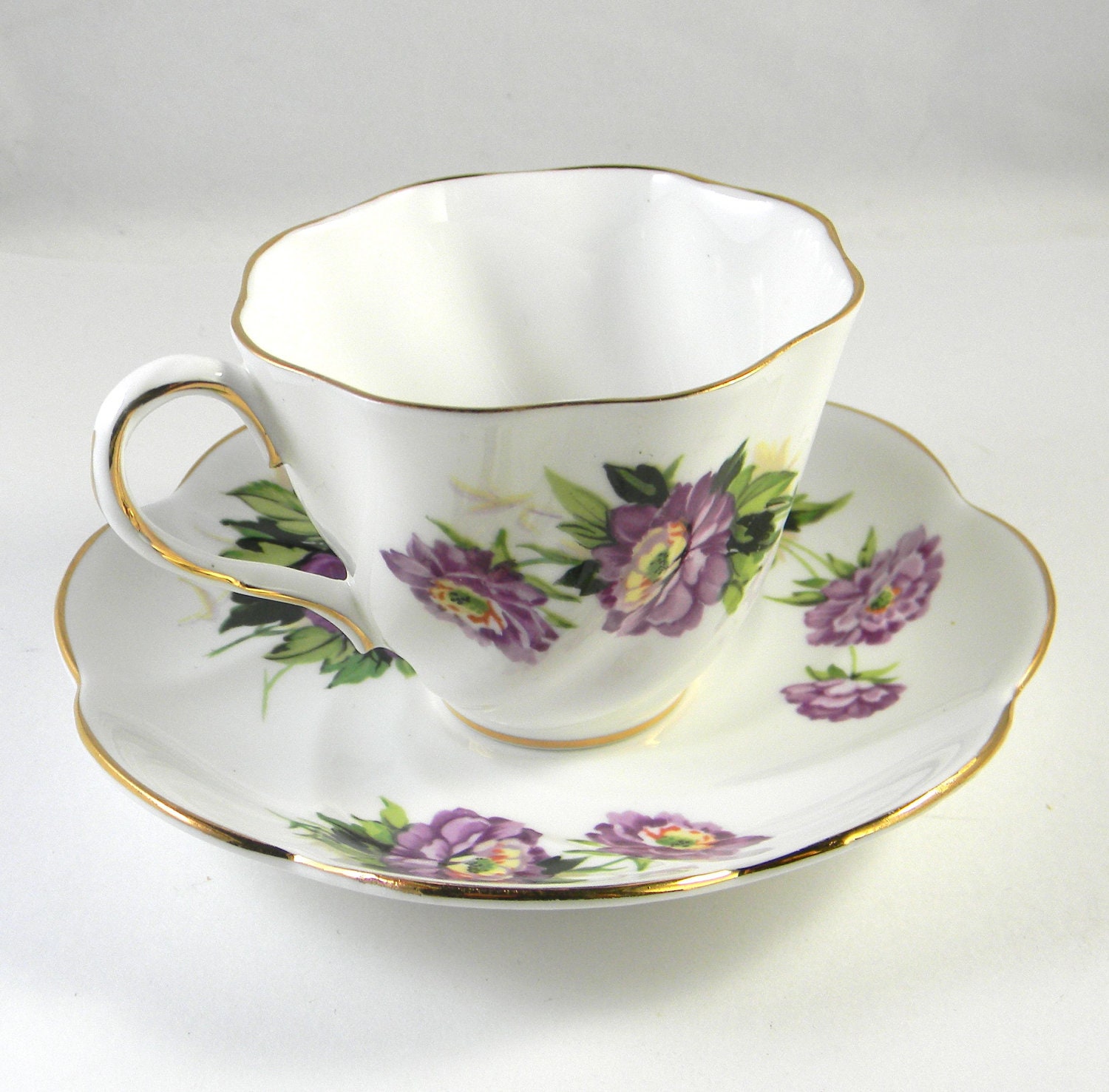 Vintage tea cup, Salisbury c1927 Eventide Puple Floral Cup and saucer, English