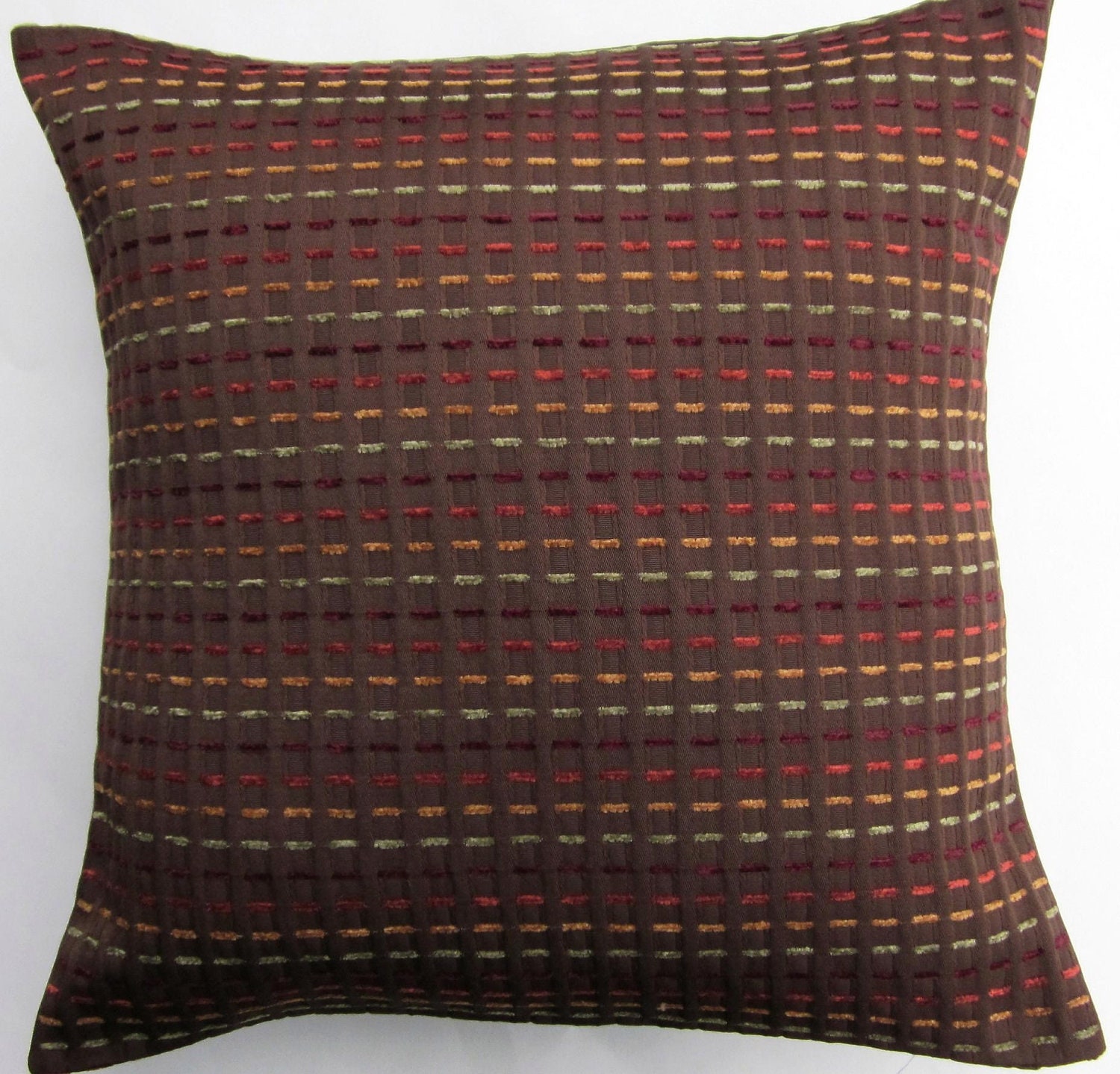 Brown Pillow Cover Woven with Orange Gold Green and Brick Red -- 18 x 18