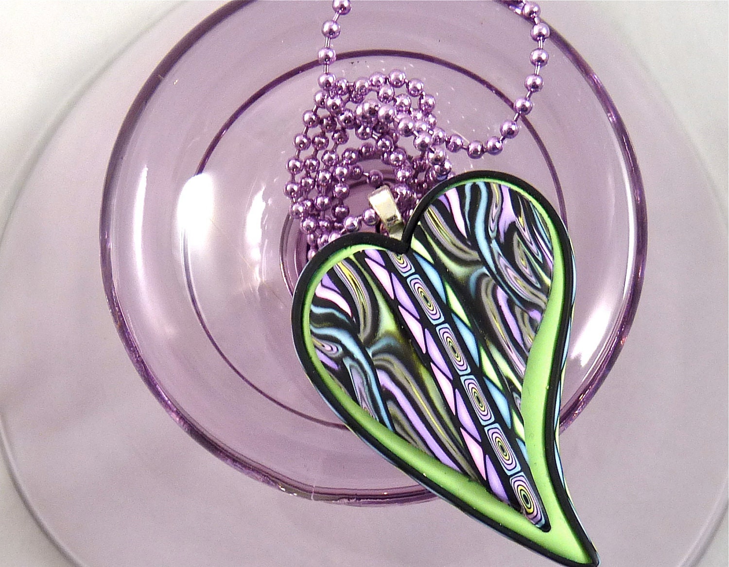Polymer Cay Heart Pendant with Lime Green and Multi-Color Border Cane with Black Details