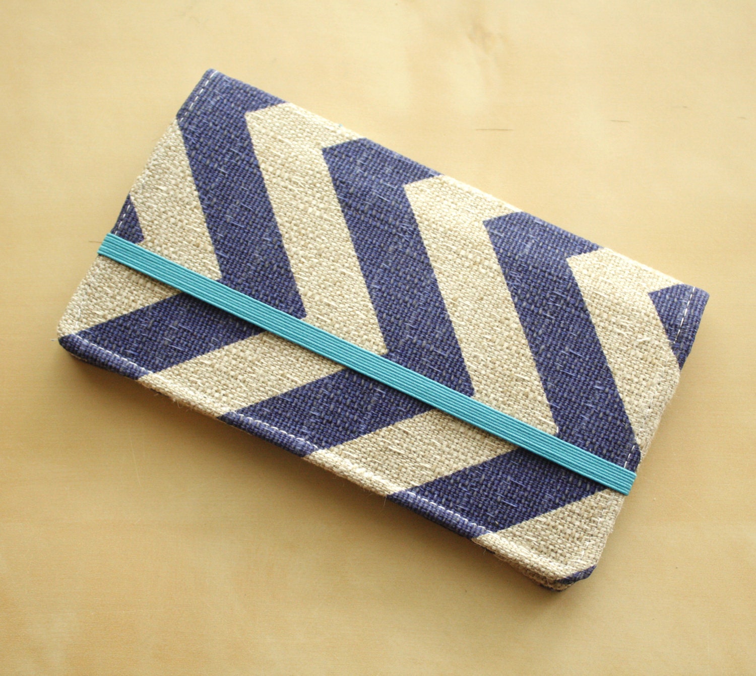 Cell Phone Wallet - Chevron Print - Dark Peacock Blue and Grayish Tan Linen - Smart Phone Wallet