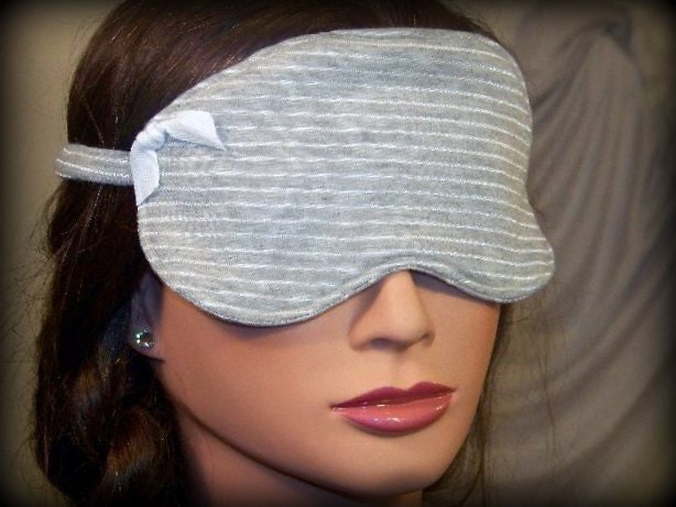 Sleep Mask, DO NOT DISTURB, gray pinstripe,airplane, train, sunning,napping, stretch fabric, beauty sleep, gray and white